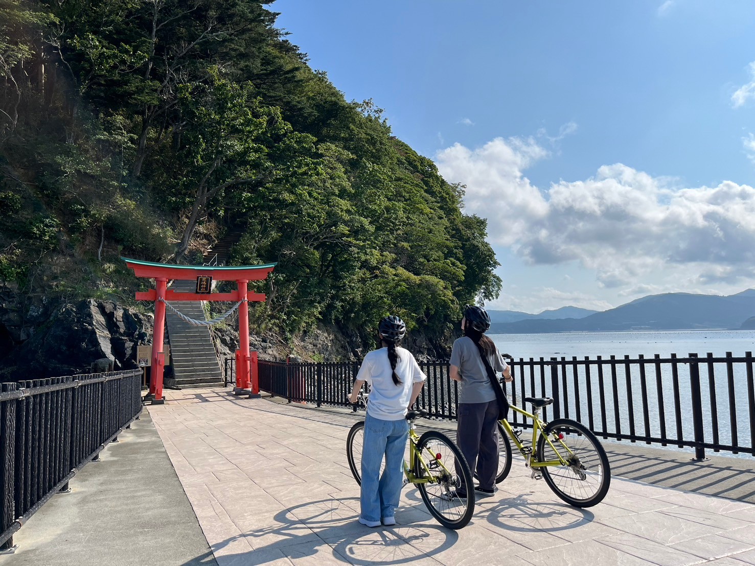 Exploring the scenic coast of Minamisanriku on a road bike with a beautiful view of Arashima Island