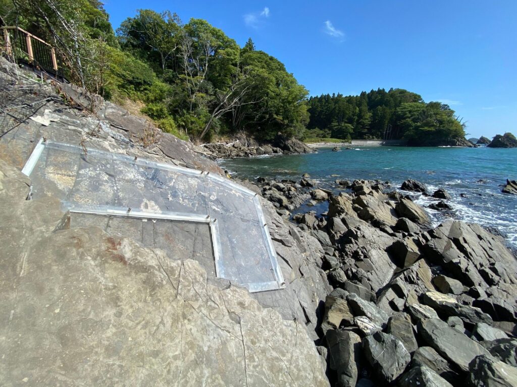 The preserved excavation site of the Utatsusaurus fossil, protected by an acrylic panel in the natural rock face