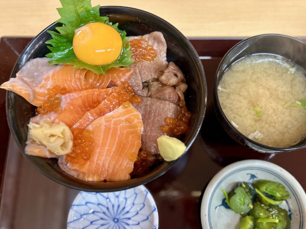 Premium Sendai beef and meat rice bowl prepared by a local butcher
