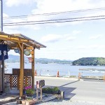 お店の前に広がる志津川湾と、椿島の絶景